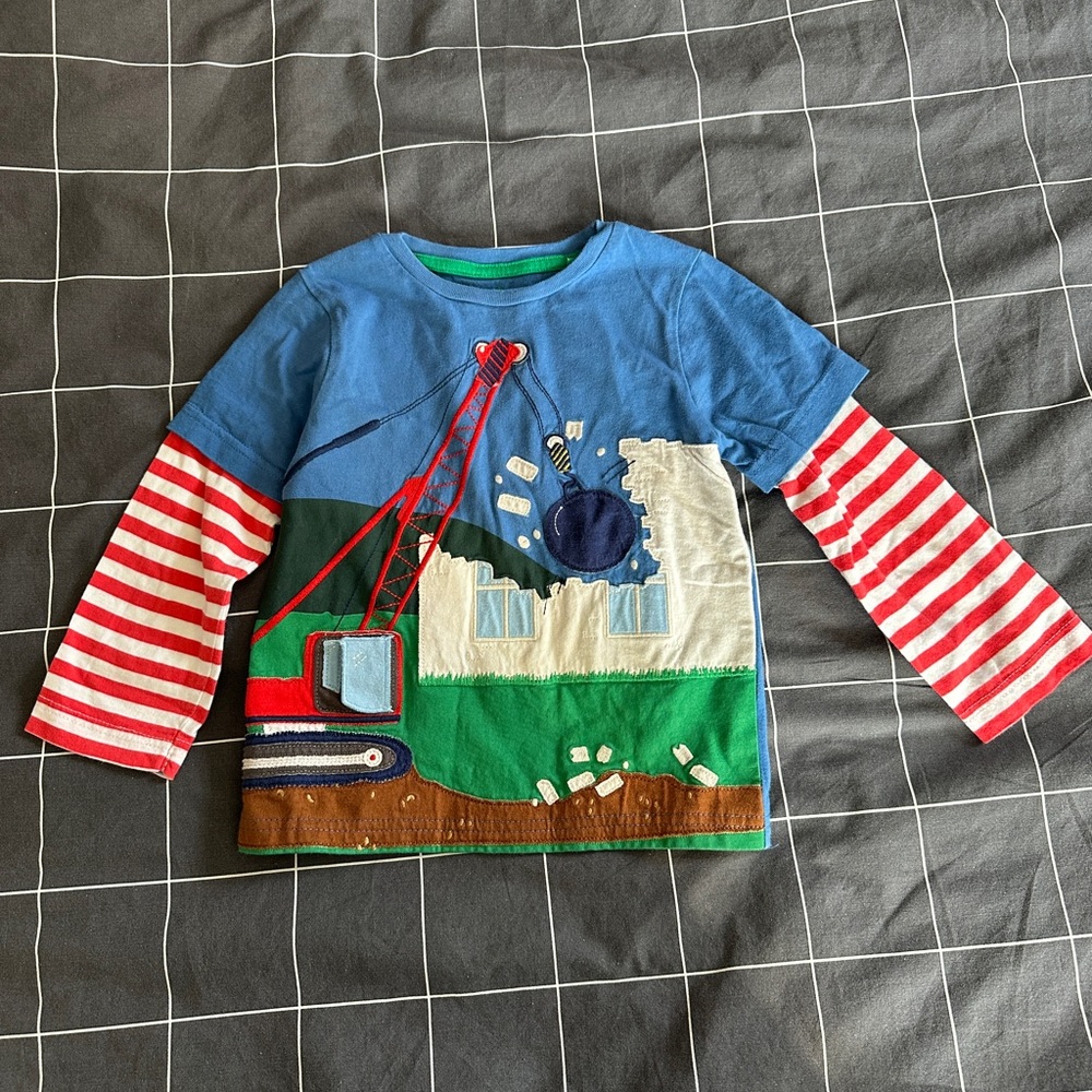 Mini Boden Blue Layered-Look Long Sleeve Tee with Red Striped Sleeves